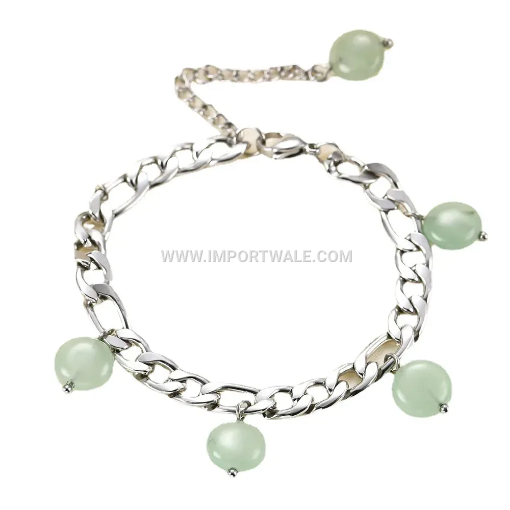 Green Natural Stone Tassel Figaro Chain Stainless Steel Bracelet