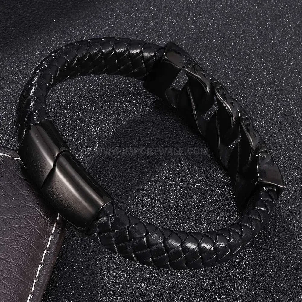 Stylish Woven Leather and Stainless Steel Magnetic Totem Cuff Bracelet