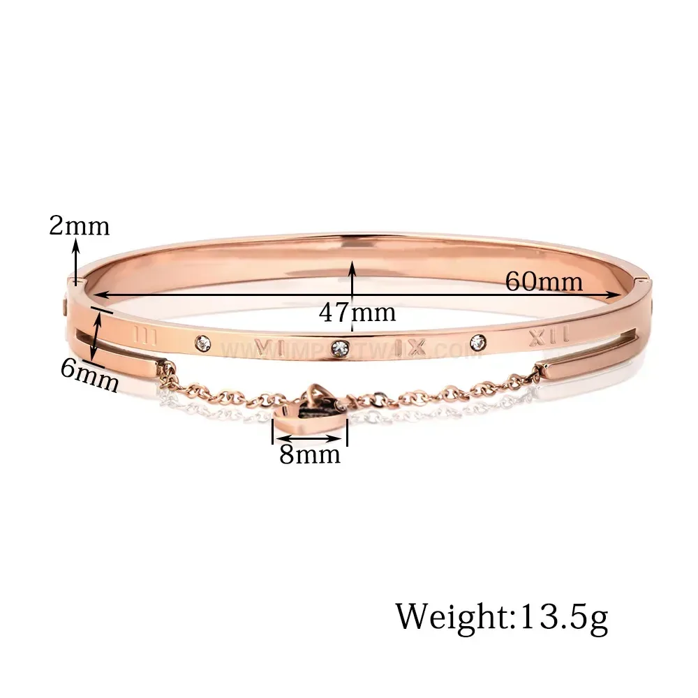 Modern Roman Numerals Heart Rhinestone Stainless Steel Bangle Bracelet