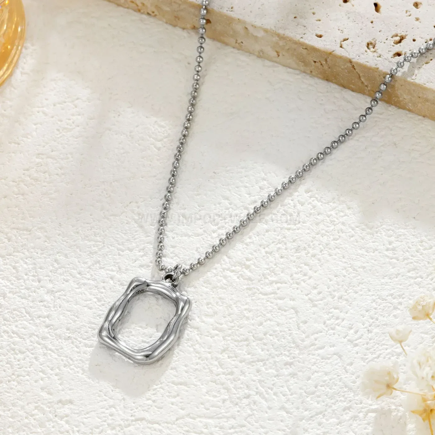 Textured Hollow Rectangular Frame Stainless Steel Pendant Necklace