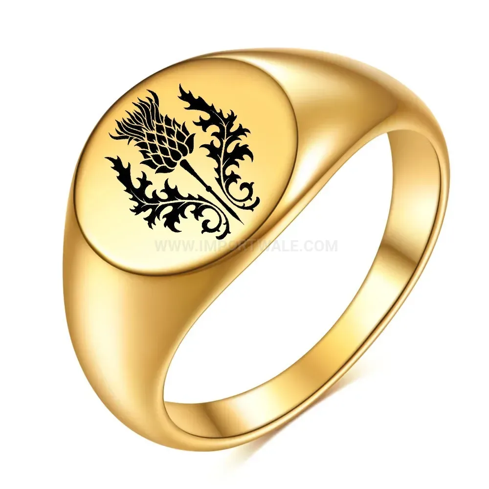 Designer Laser Engraved Milk Thistle Flower Round Stainless Steel Ring