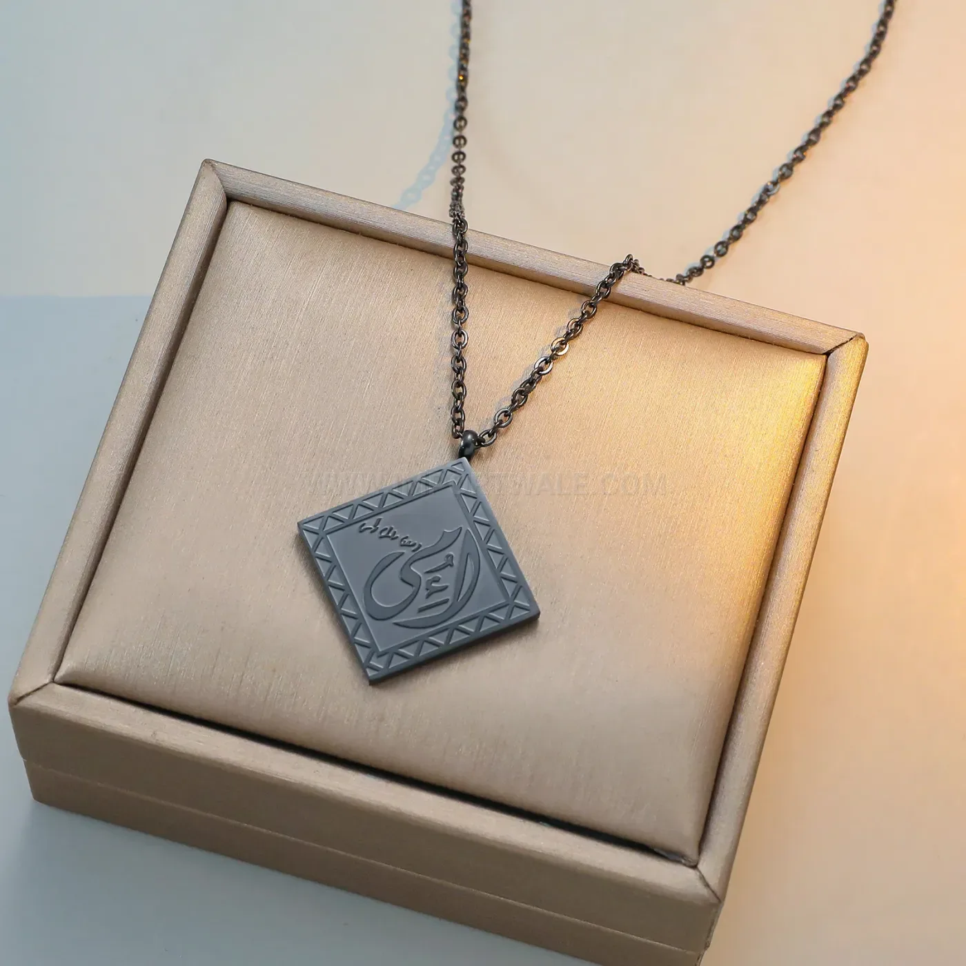 Bold Stainless Steel Square Pendant Necklace Featuring Arabic Calligraphy