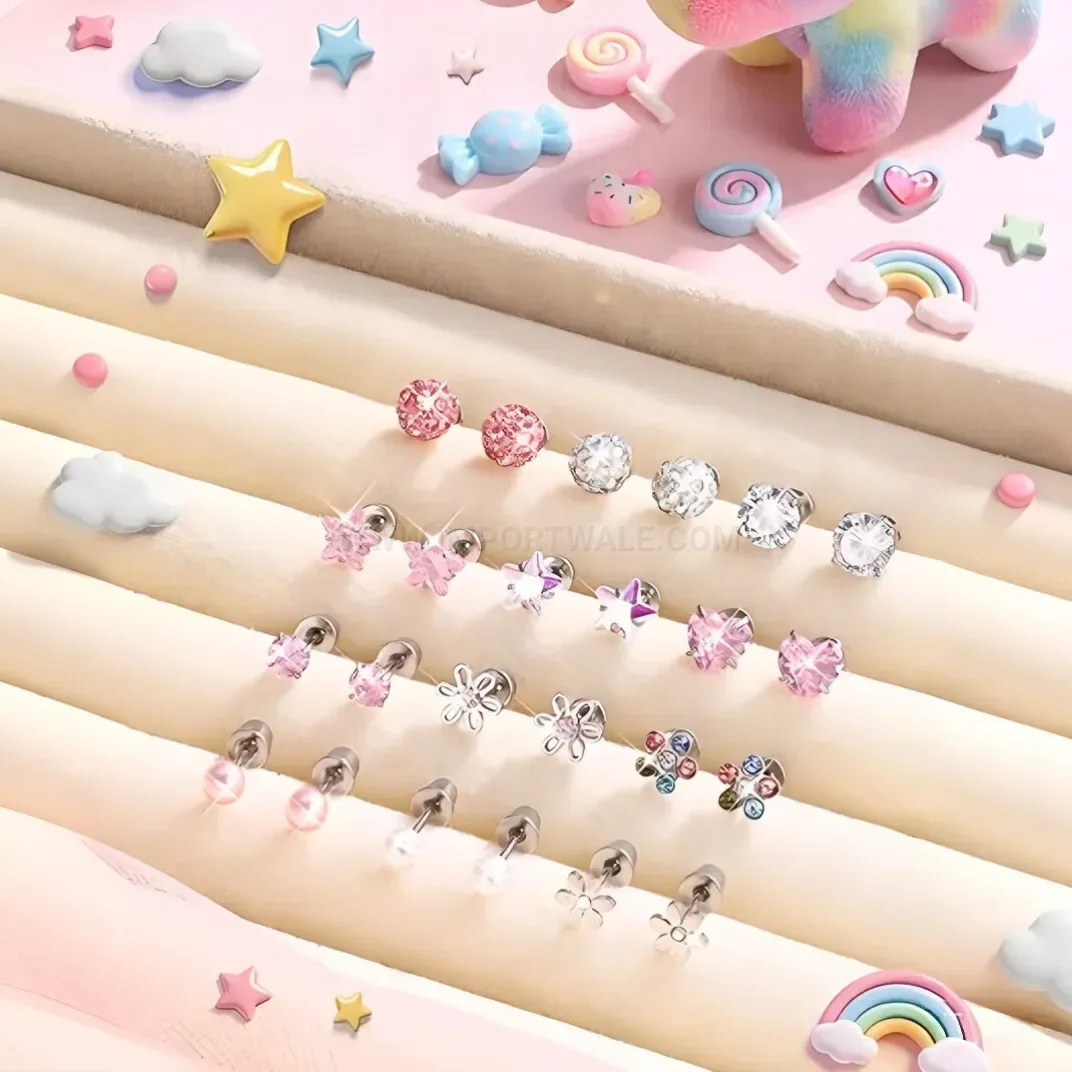 Stylish Crystal Heart Geometric Metal Body Piercing Stud Combination Set