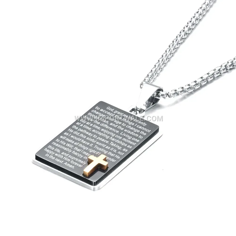 Engraved Rectangular Cross Pendant Stainless Steel Necklace