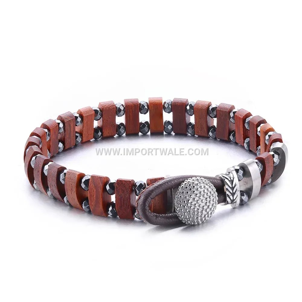 Vintage Wood Accent Chain Link Titanium Steel Men Bracelet