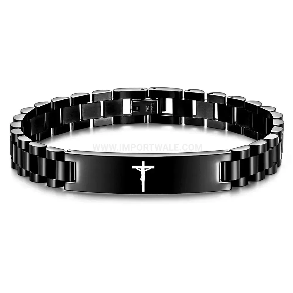 Men's Stainless Steel Cross Engraved Watch Strap Link Bracelet