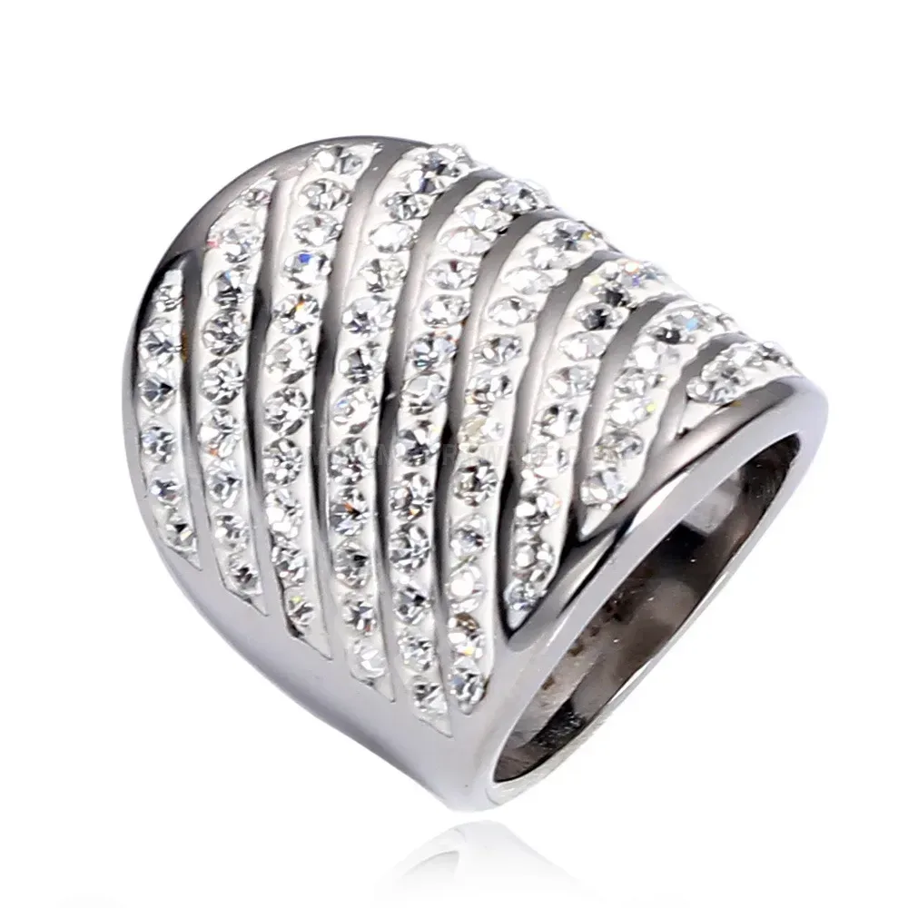 Multi Row Beveled Rhinestone Stainless Steel Wide Band Ring