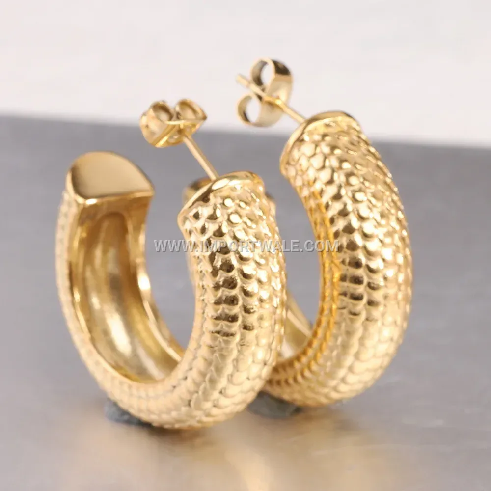 Fish Scale Textured Stainless Steel C-Shape Stud Earrings