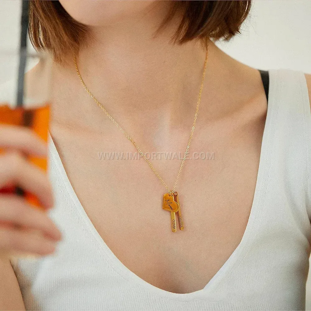 Heart and Bar Charm Stainless Steel Pendant Necklace