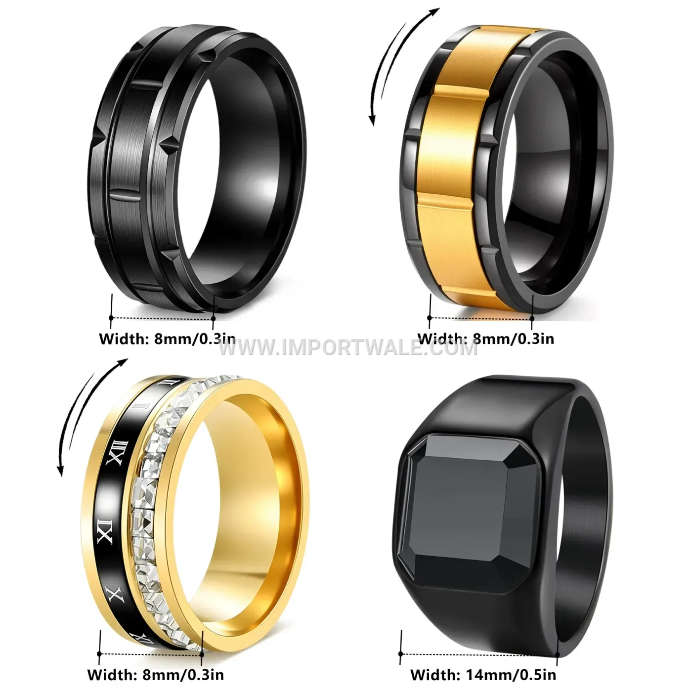 Roman Numeral Black Gemstone Stainless Steel Ring