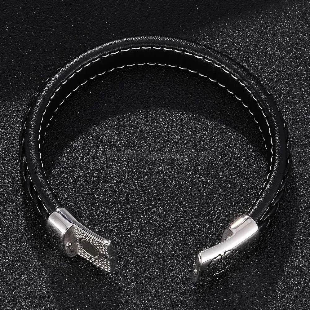 Contemporary Black Leather Band Bracelet with Stainless Steel Magnetic Clasp