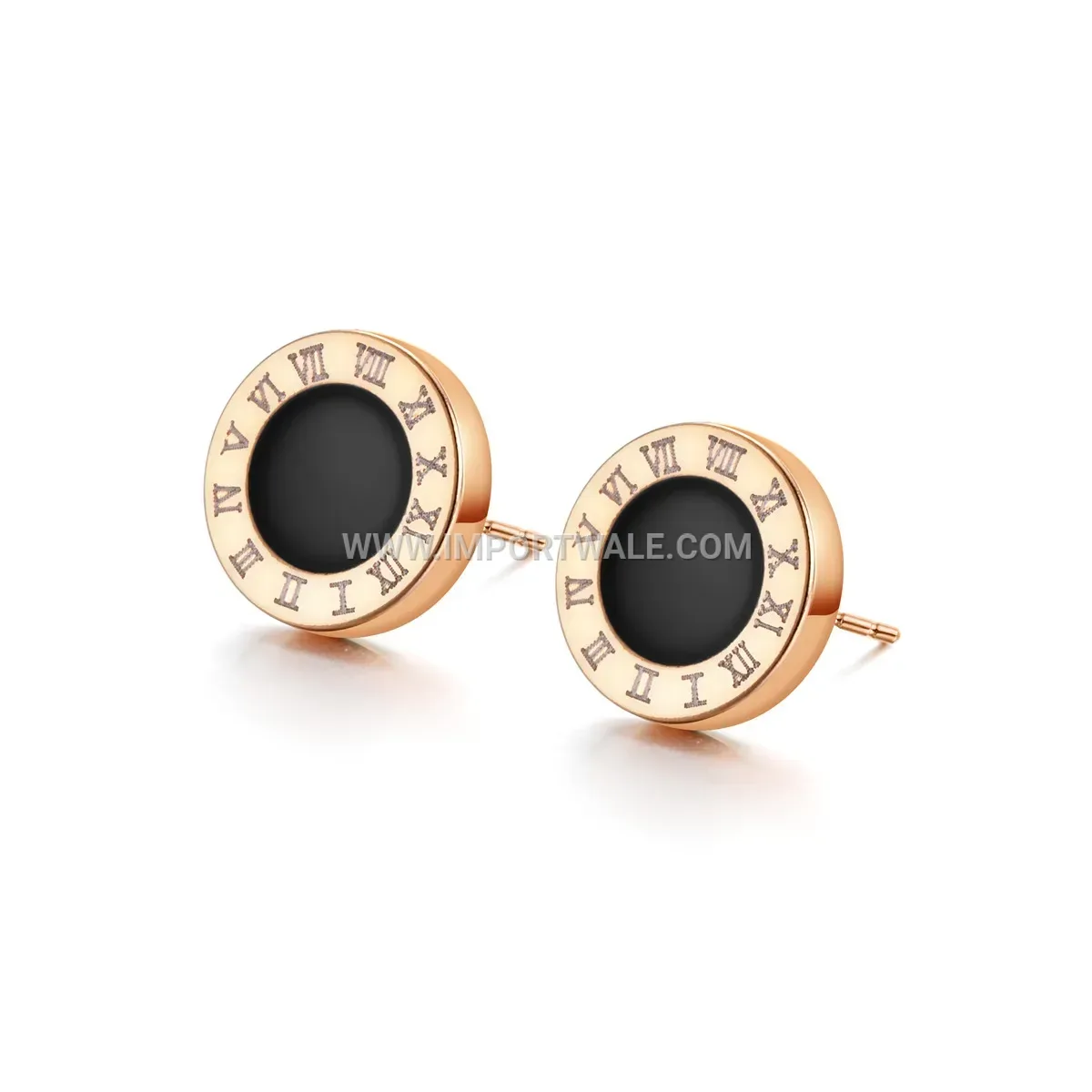 Roman Numeral Black Enamel Stainless Steel Stud Earrings