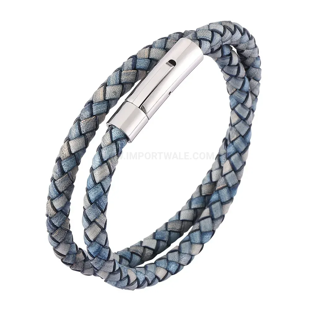 Double Wrap Braided Leather Bracelet with Stainless Steel Clasp
