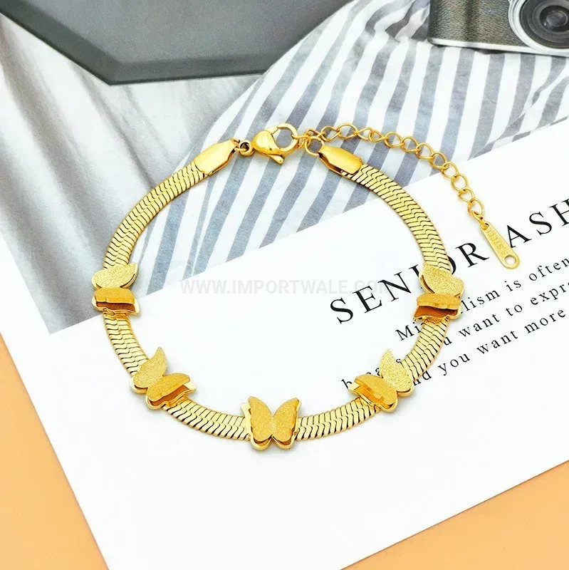 Stainless Steel Gold Butterfly Charm Snake Chain Bracelet