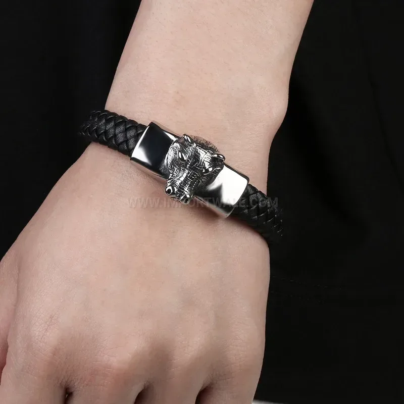 Fashion Horse Head Emblem Leather Stainless Steel Men Bracelet