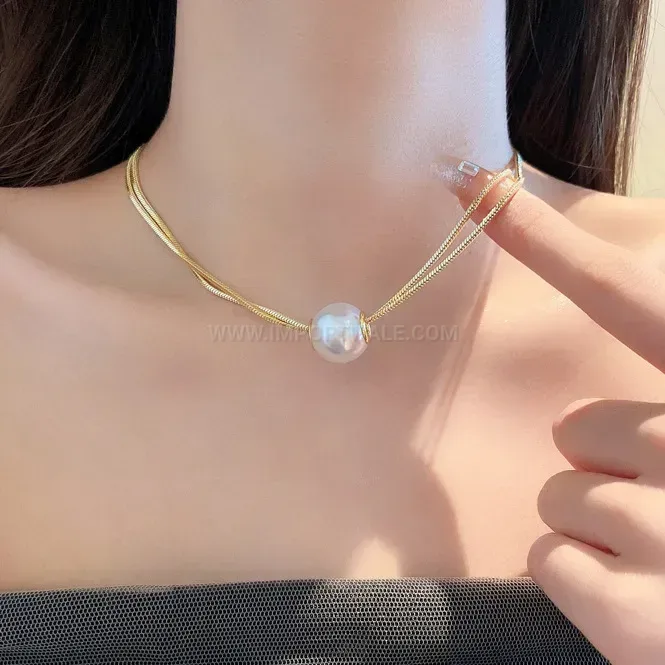 Layered Pearl Snake Chain Titanium Steel Choker Necklace