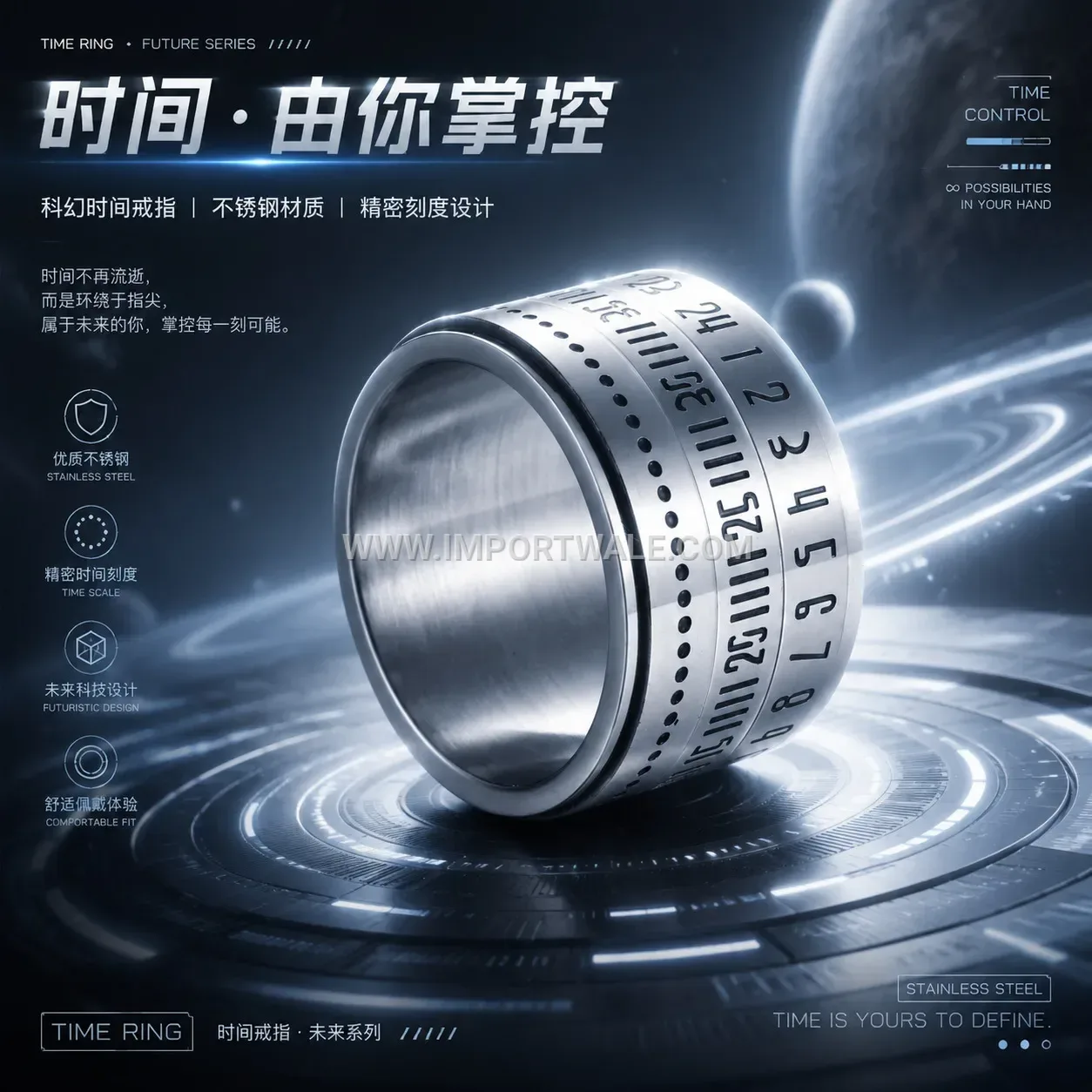 Arabic Numeral Spinner Stainless Steel Band Ring