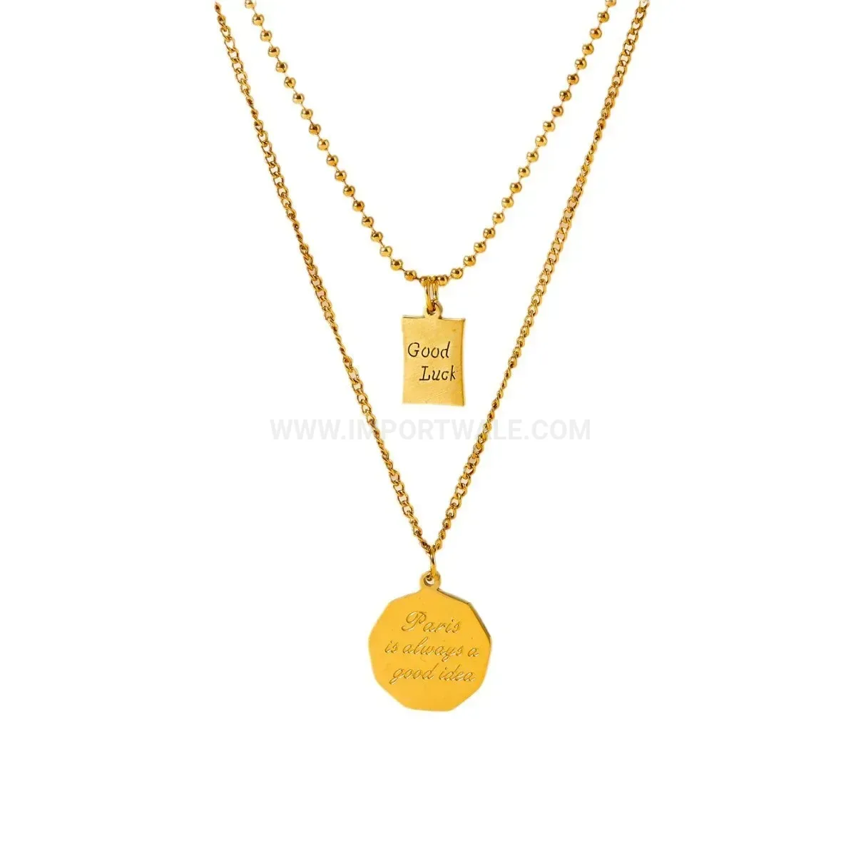 Trendy Double Layer Stainless Steel Pendant Necklace with Round and Square Tags