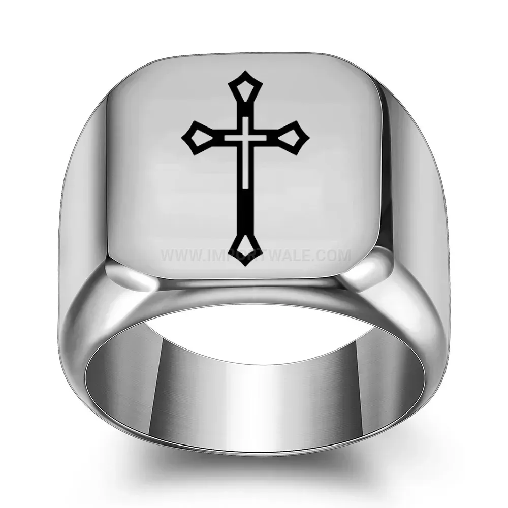 Stylish Polished Square Cross Engraved Stainless Steel Signet Ring