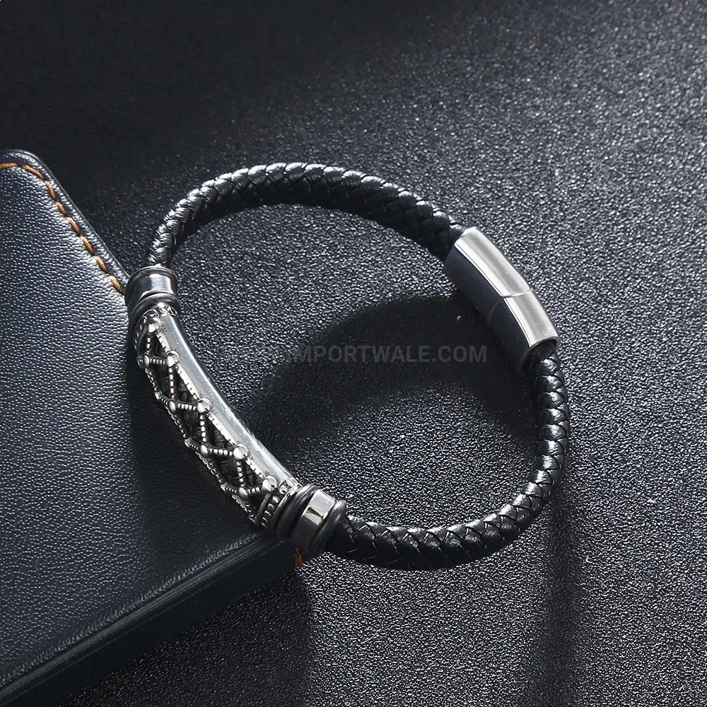 Vintage Braided Leather Bracelet with Stainless Steel Accent