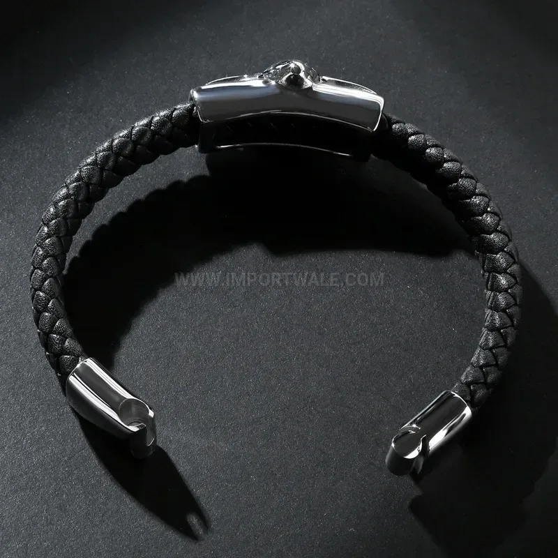 Modern Detailed Owl Charm Stainless Steel Leather Wristlet Bracelet