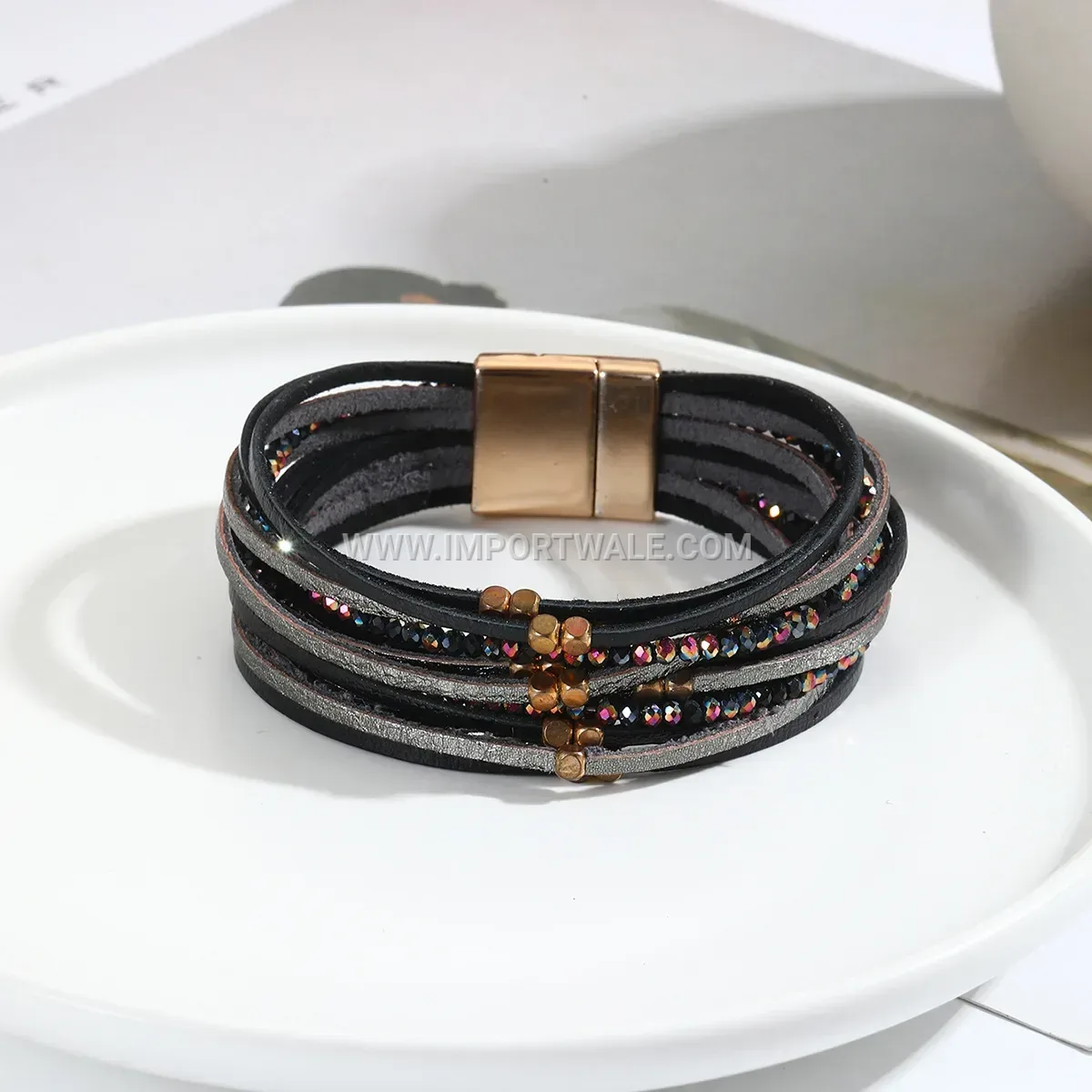 Vintage Geometric Faux Leather Slim Strand Bracelet with Metal Beads