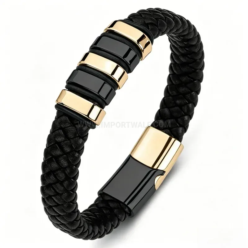 Modern Woven Leather Bracelet with Tri-Color Steel Bead Accents