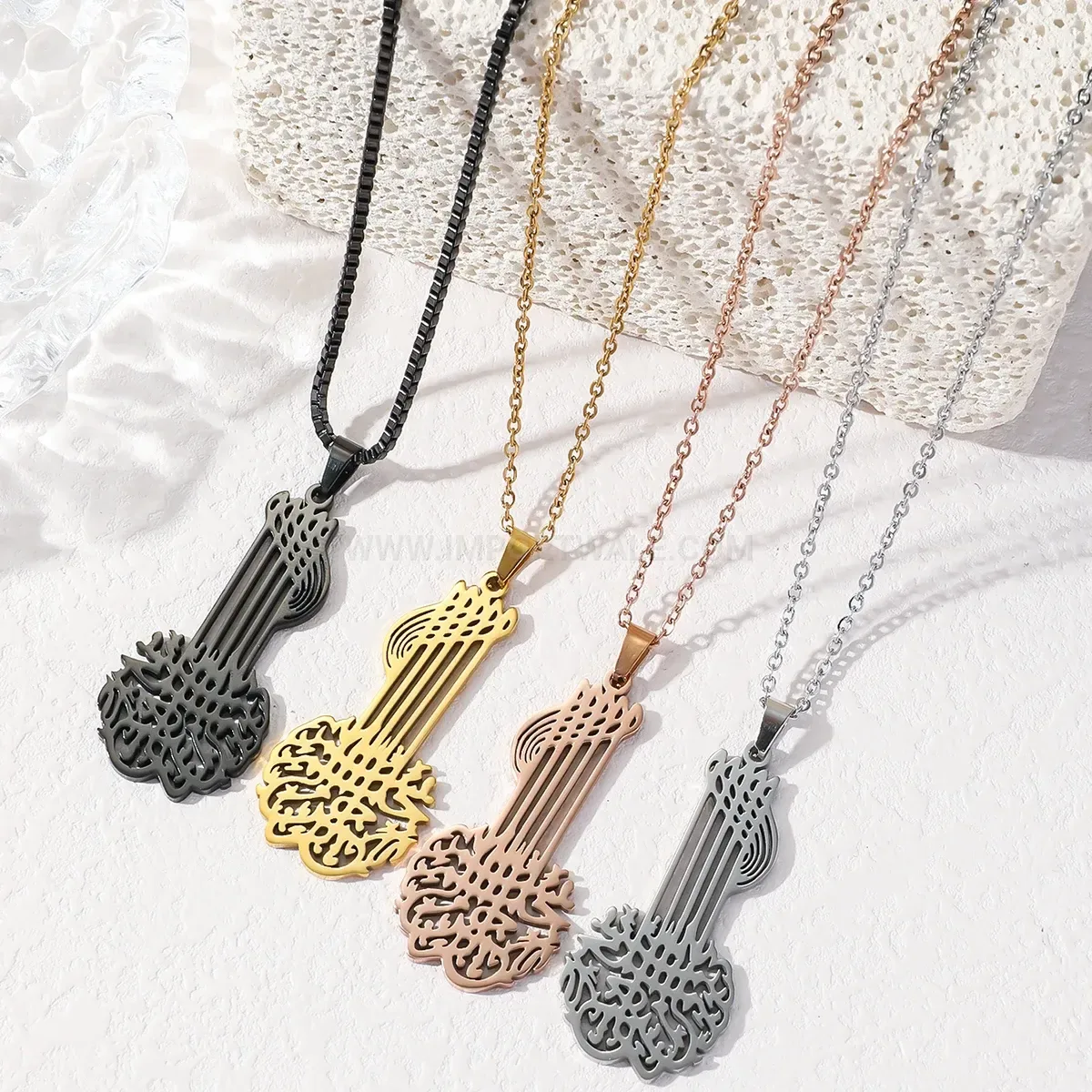 Premium Guitar Motif Arabic Calligraphy Stainless Steel Pendant Necklace