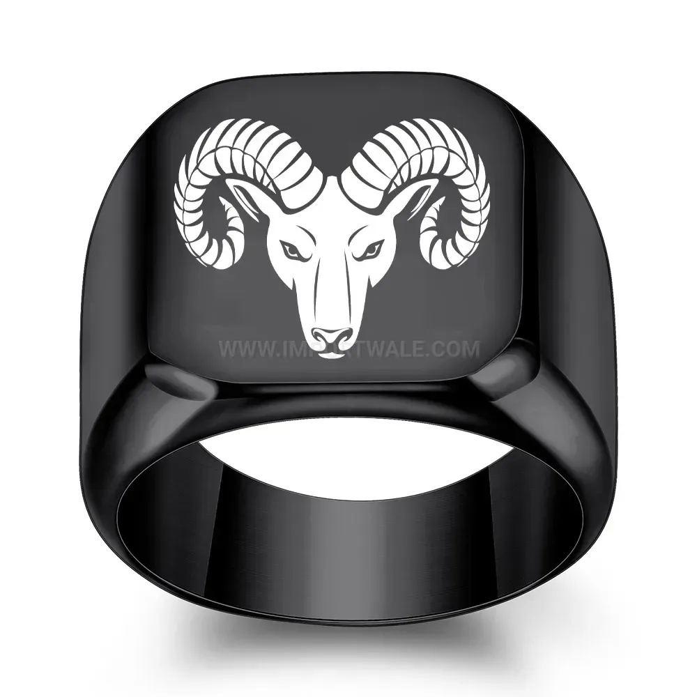 Chic Vintage Engraved Ram Head Stainless Steel Square Signet Ring
