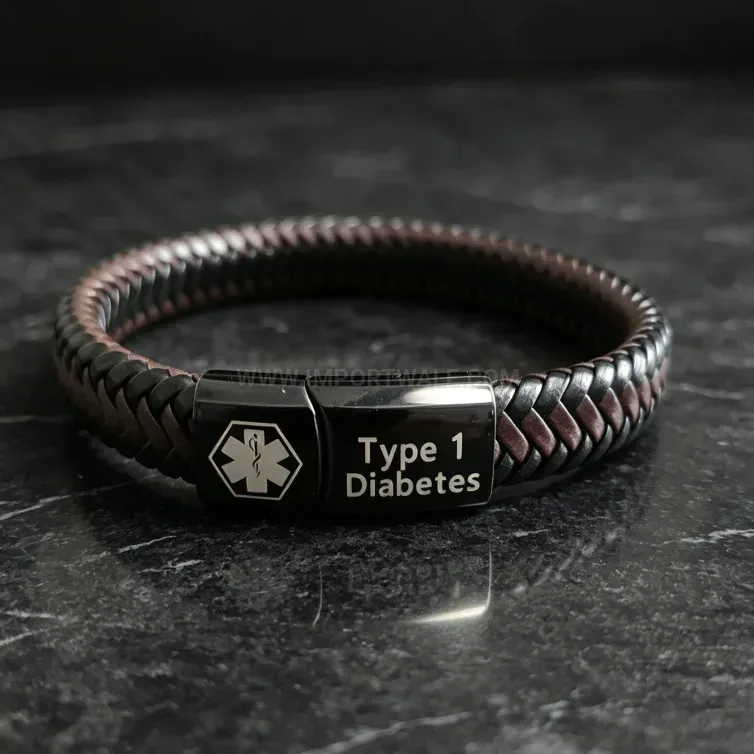 Designer Engraved Stainless Steel Medical Alert Microfiber Leather Bracelet