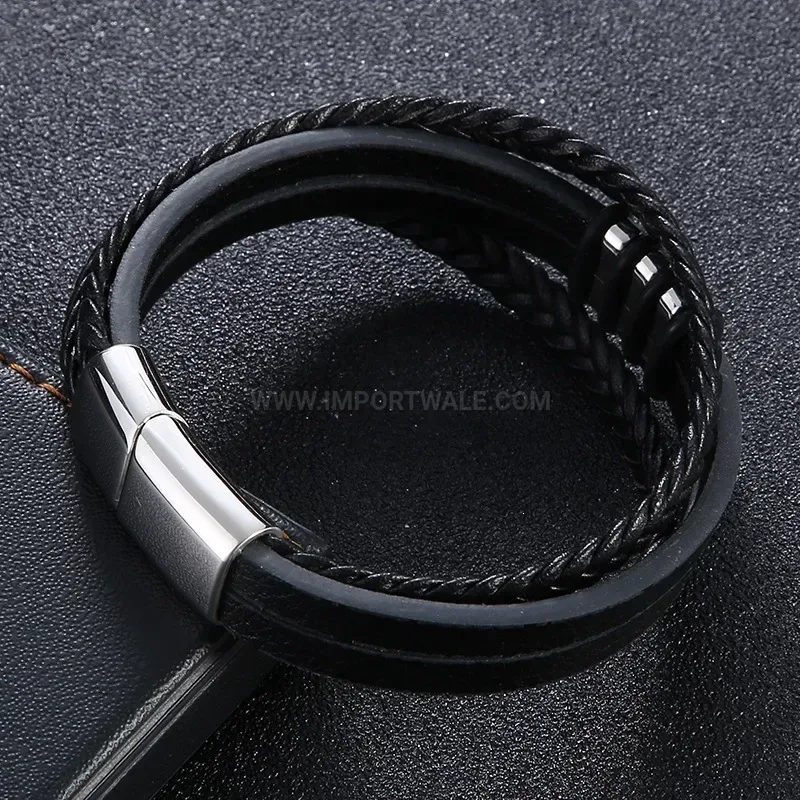 Black Leather Bracelet with Magnetic Stainless Steel Clasp Closure