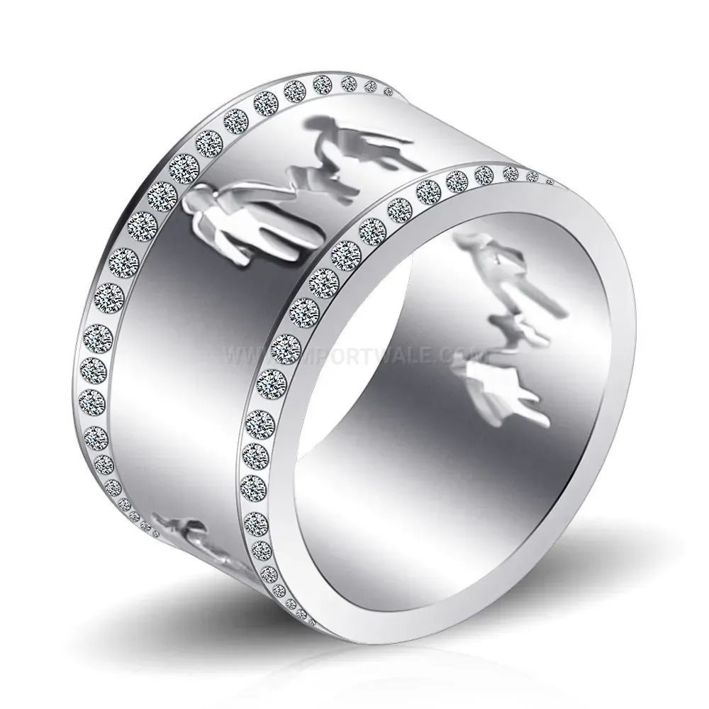 Modern Double-Row Rhinestone Cutout Family Commemorative Stainless Steel Ring