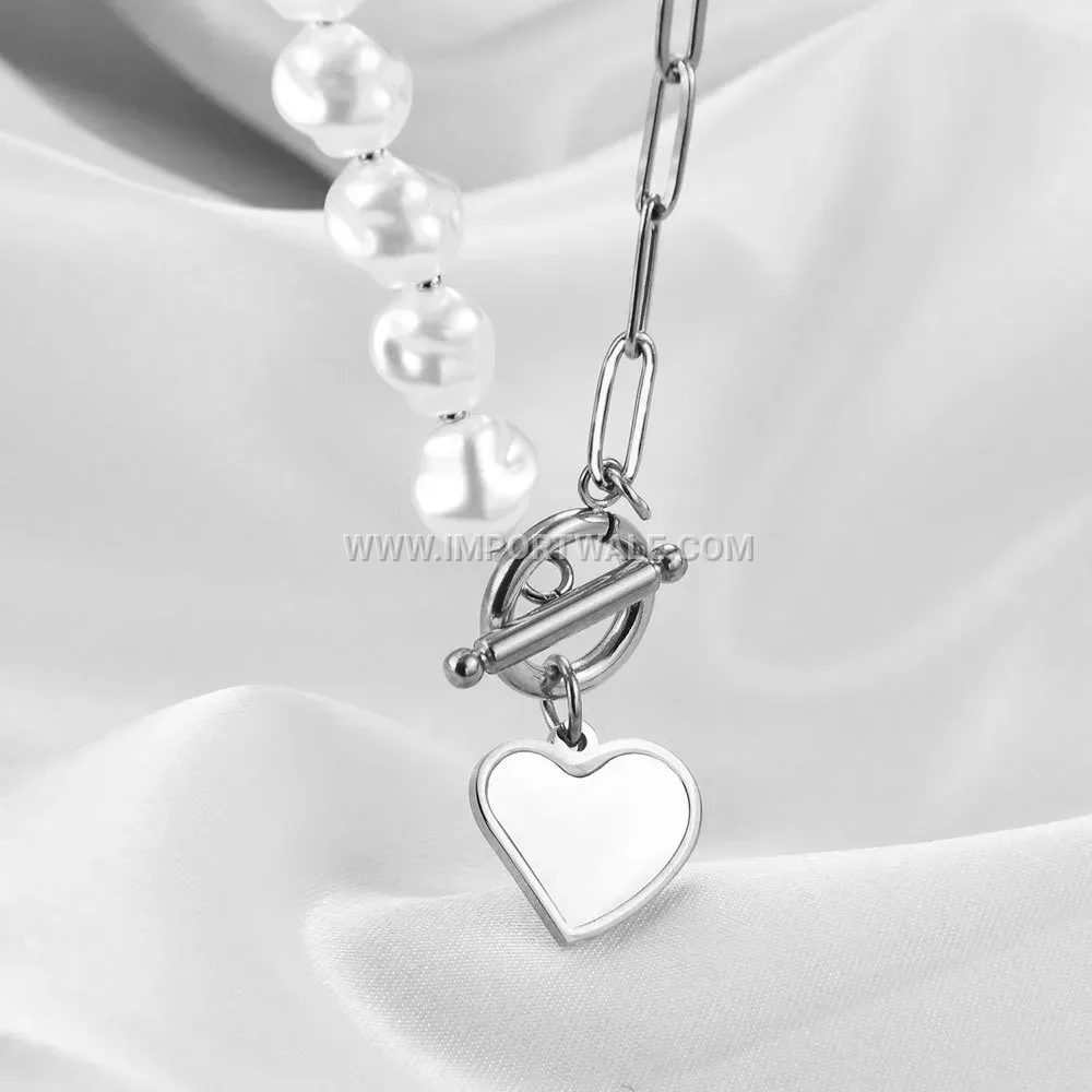 Stainless Steel Heart Shell and Pearl Spliced OT Buckle Necklace