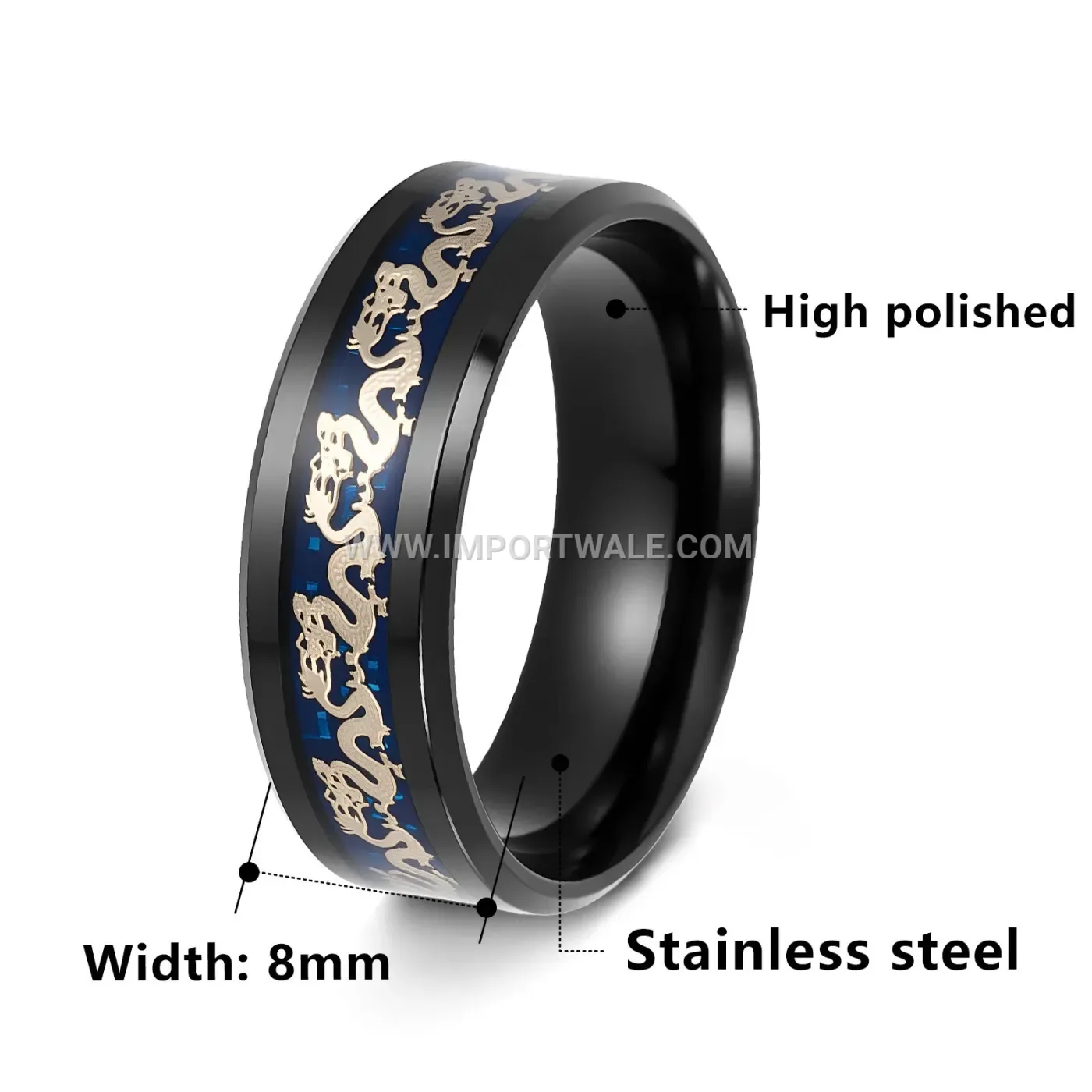 Beveled Edge Dragon Motif Stainless Steel Ring Band