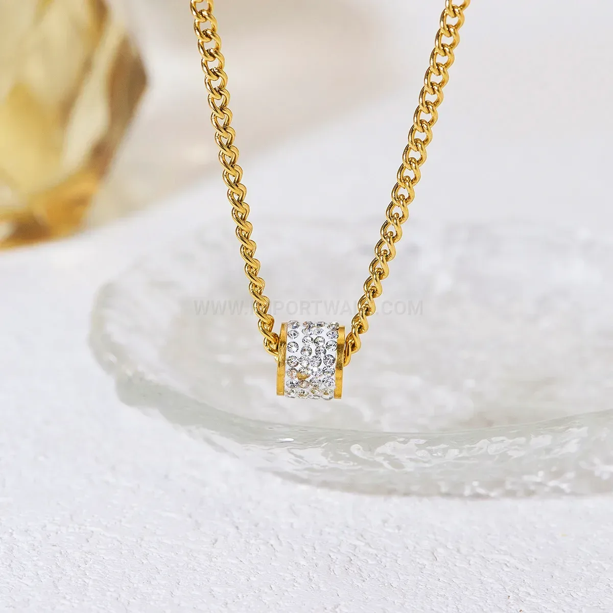 Gold Zircon Cylinder Stainless Steel Clavicle Pendant Necklace