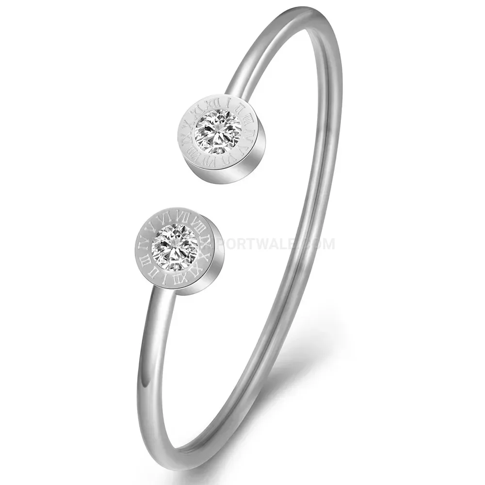 Designer Roman Numeral Stainless Steel Crystal Open Bangle