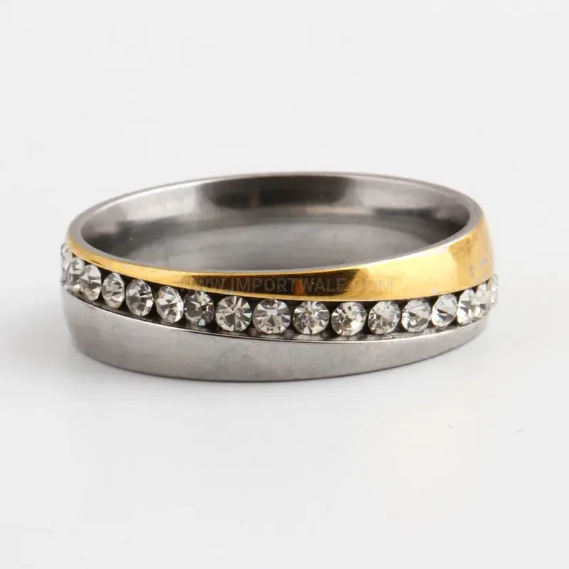 Vintage Two Tone Stainless Steel Band Ring with Cubic Zirconia Accent