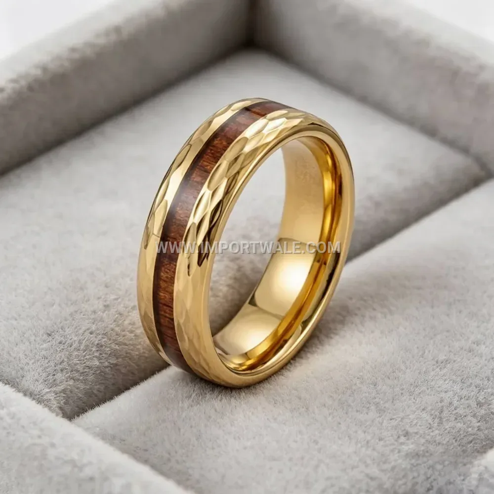 Geometric Engraved Wood Grain Inlay Stainless Steel Ring