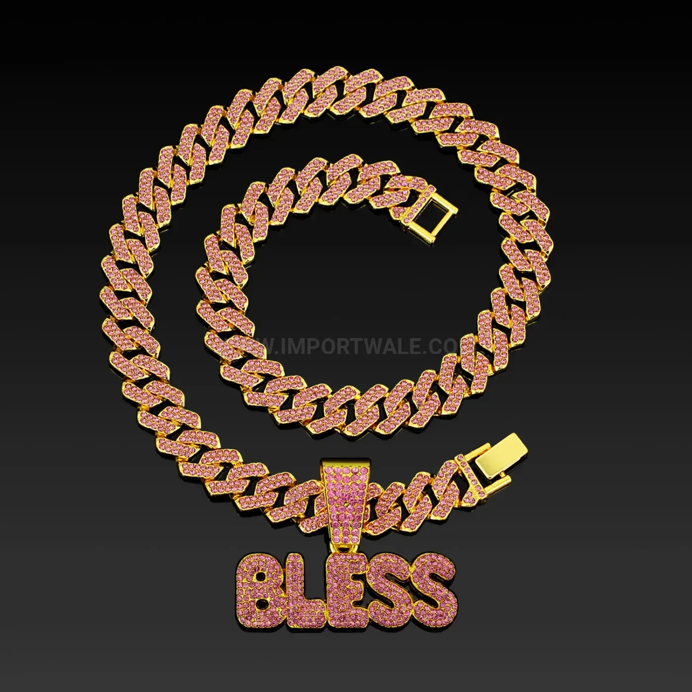 Fashion Pink Rhinestone BLESS Letter Pendant Cuban Chain Necklace
