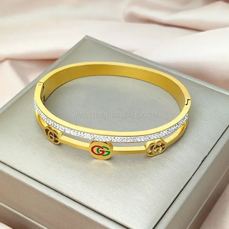 Bold Rhinestone Red and Green Patterned Titanium Steel Bangle