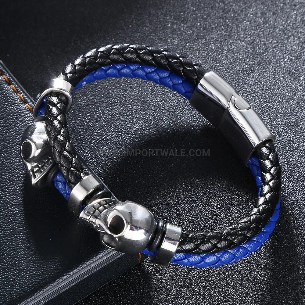 Fashion Dual-Tone Leather Skull Bracelet with Stainless Steel Magnetic Clasp