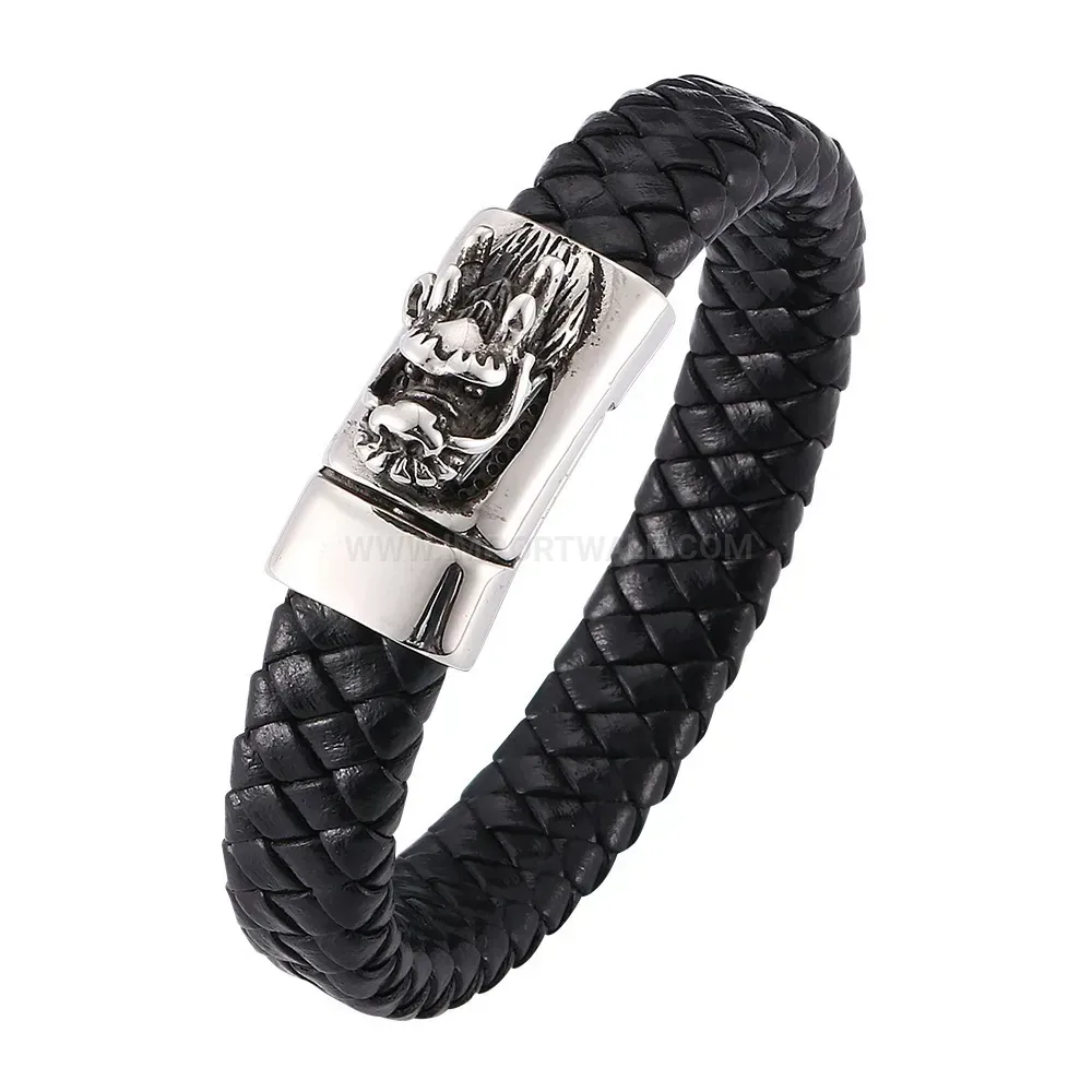 Vintage Dragon Head Leather Bracelet With Stainless Steel Magnetic Closure