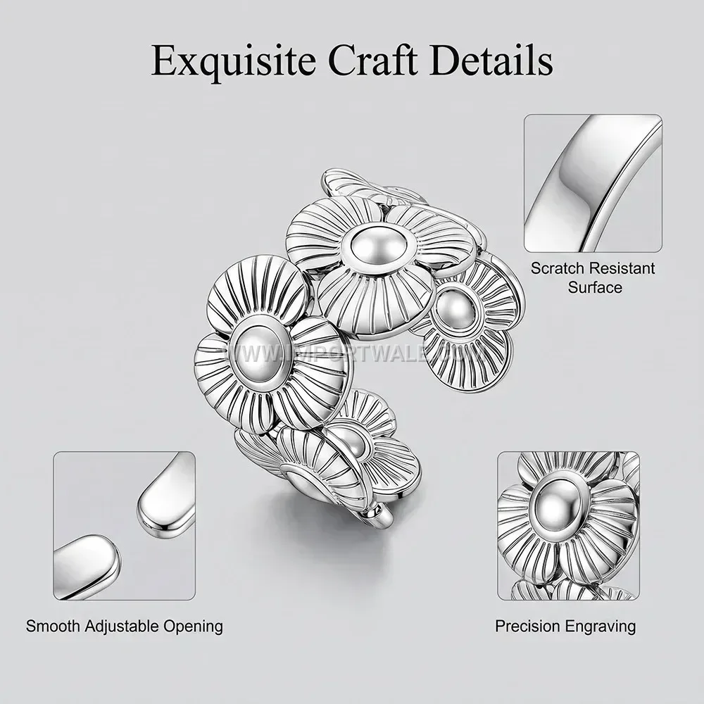 Adjustable Floral Motif Gold Plated Stainless Steel Open Ring