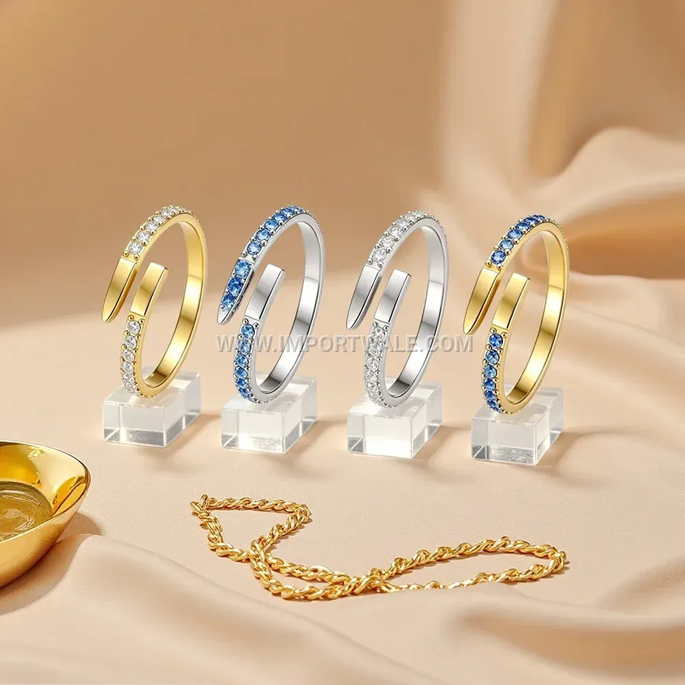 Encrusted Nail Motif Zircon Stainless Steel Open Ring