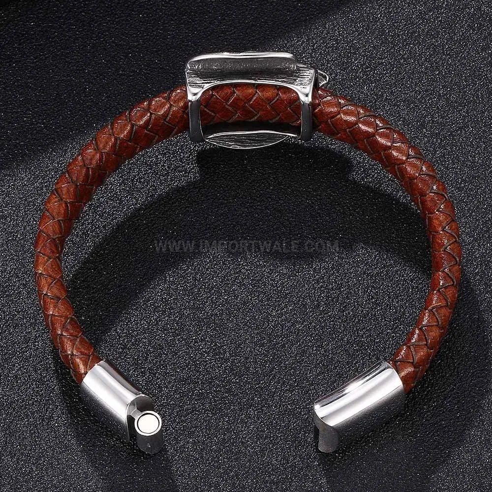 Stylish Braided Brown Leather Wristband with Stainless Steel Magnetic Lock