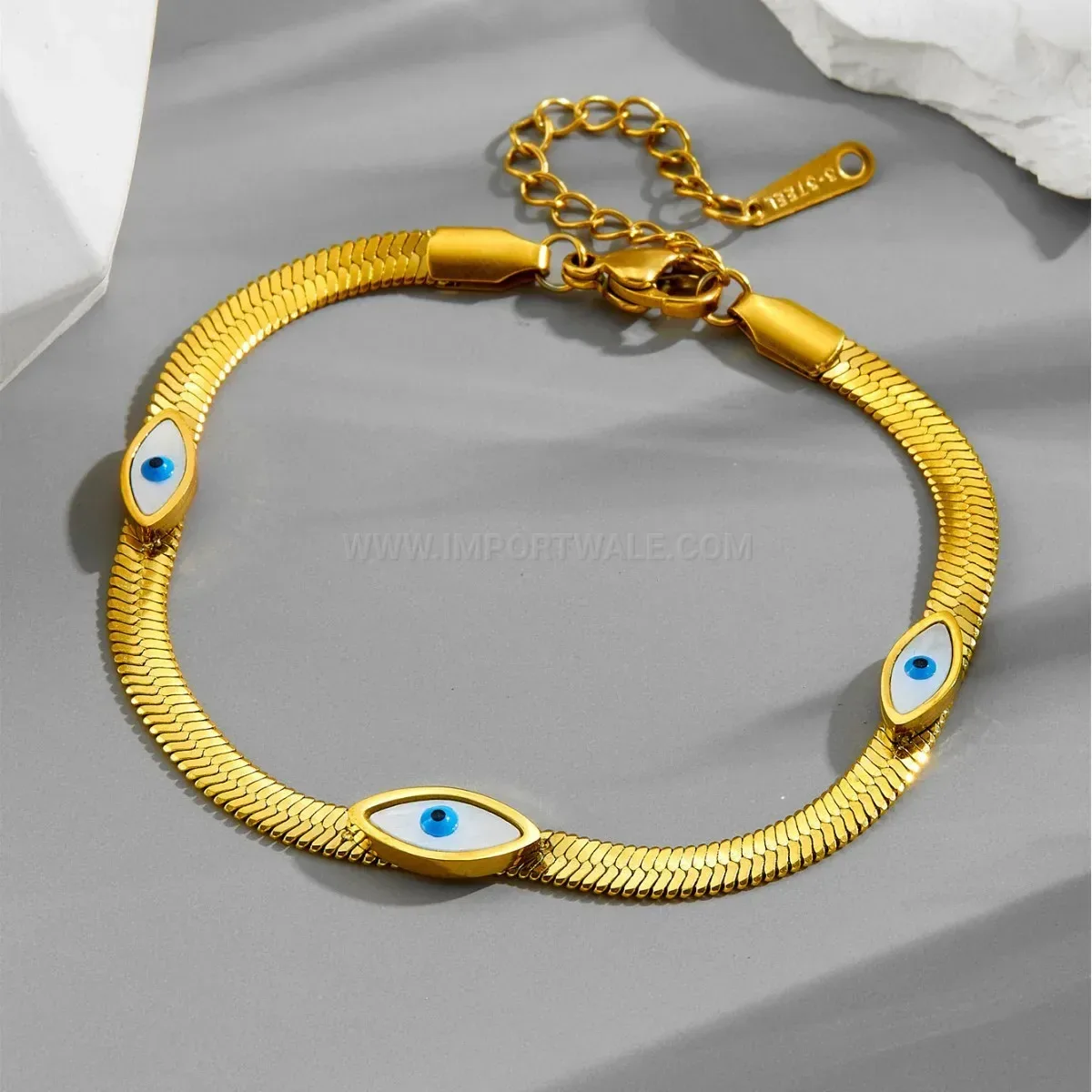 Gold Plated Stainless Steel Snake Chain Evil Eye Accent Bracelet
