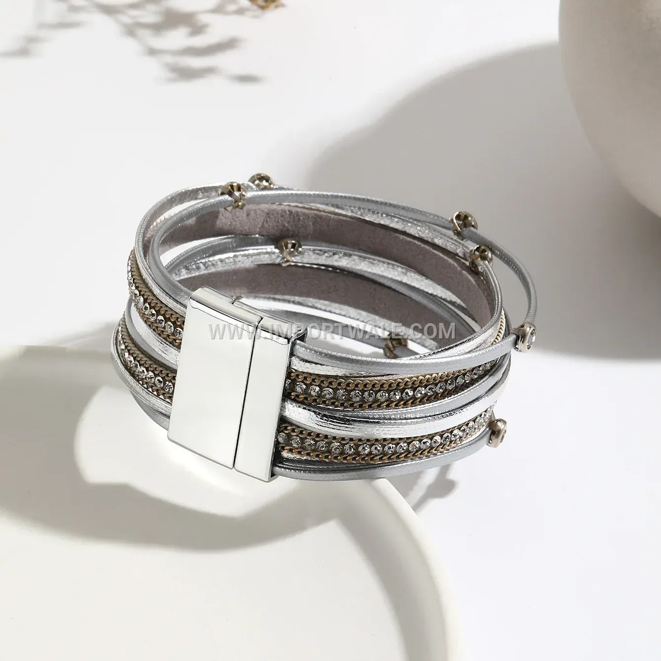 Multi-Layer Faux Leather Rhinestone Wrap Bracelet With Magnetic Clasp