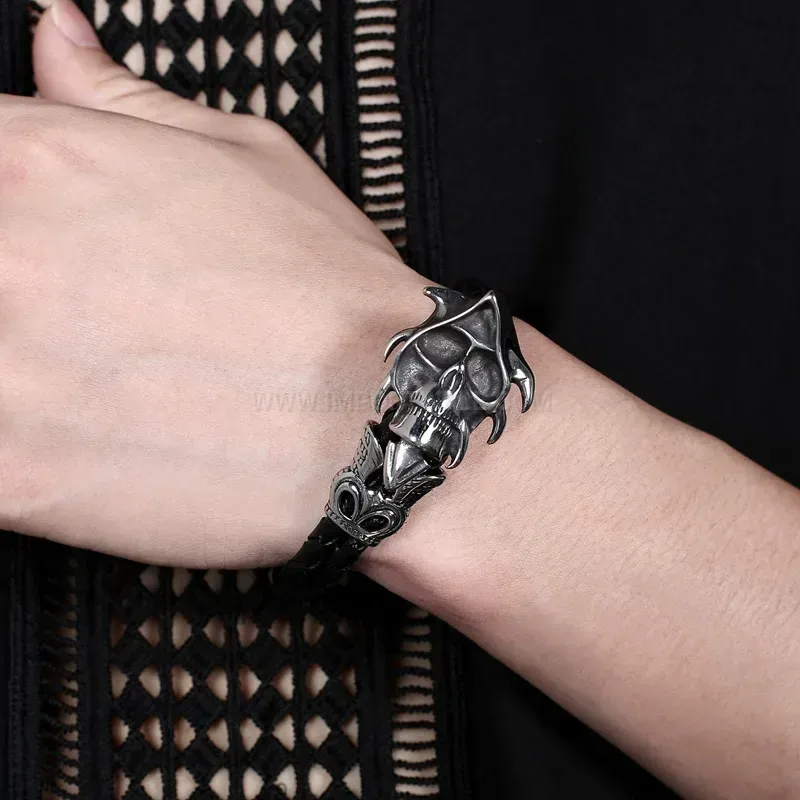 Premium Punk Style Leather Cord Bracelet with Stainless Steel Reaper Skull