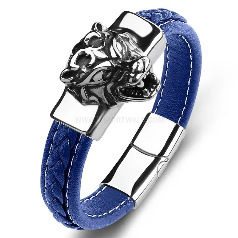 Elegant Fierce Wolf Motif Leather Stainless Steel Men Bracelet