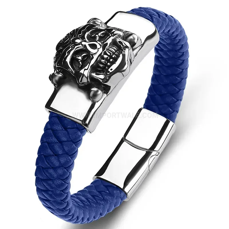 Elegant Demon Motif Stainless Steel Accent Wide Leather Band Bracelet